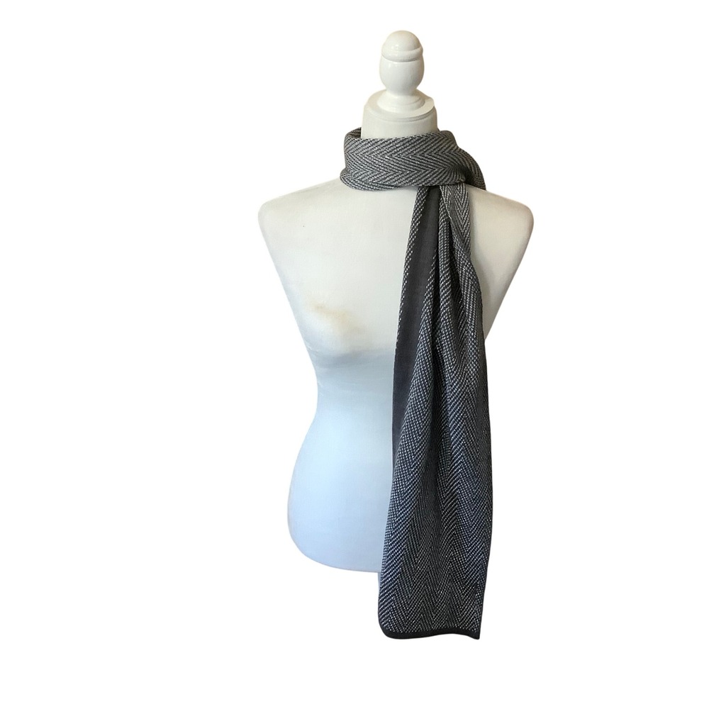 Michael Kors Gray Herringbone Knit Scarf Metallic Silver Logo Spellout Long Wrap